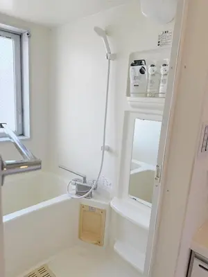 a white bathroom with a shower and a mirror at ReimiMondo 1107 in Tokyo