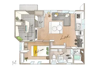 a drawing of a floor plan of a house at Tomo House Yotsuya-Sanchome 101 - from 6 minutes station \u56db\u8c37\u4e09\u4e01\u76ee 101 \u99c5\u304b\u3089\u5f92\u6b696\u5206 in Tokyo