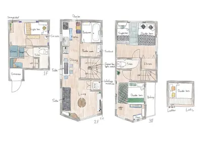 a floor plan of a house at SG5371 Visit Shibuya Crossing! Walking distance to a single family home for 8 people, private parking , downstairs supermarket food Shibuya in Tokyo