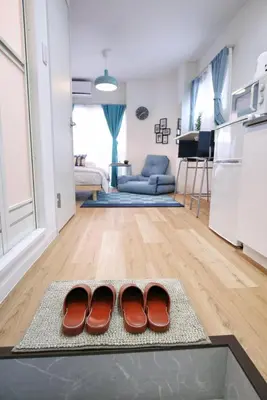 a living room with two brown shoes on the floor at BRT103 Ikebukuro Station Double Apartment in a Busy Business District, Yamanote Line and 8 Subway Lines Direct to Shinjuku, Shibuya, Ginza, Akihabara, Fully Equipped in Tokyo