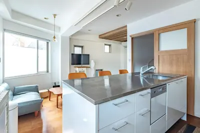 a kitchen with a sink and a living room at JR LINE Neko and Mado in Tokyo