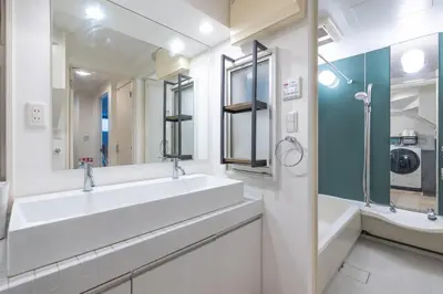 a bathroom with a large white sink and a mirror at JR LINE Neko and Mado in Tokyo
