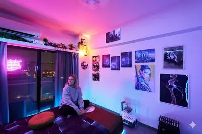 a woman sitting on a bed in a room at Cyber Shinjyuku Tokyo Room in Tokyo
