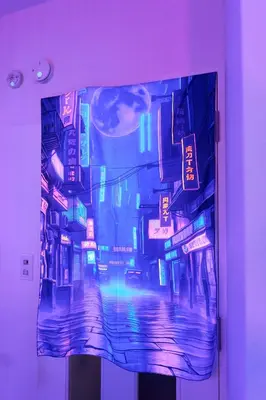 a wall mural of a city with neon lights at Cyber Shinjyuku Tokyo Room in Tokyo