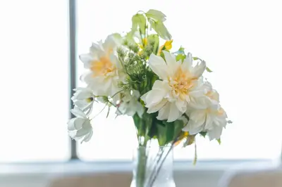 a vase filled with white and yellow flowers at \u6771\u65b0\u5bbf\u99c5\u5f92\u6b69\u570f \u6b4c\u821e\u4f0e\u753a\u30ca\u30a4\u30c8\u30e9\u30a4\u30d5\u62e0\u70b9\u306e\u30e2\u30c0\u30f3\u5bbf EySi in Tokyo
