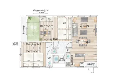 a floor plan of a house at 長期割がお得 最大12名 2BR 70平米 東京駅電車10分 TDR スカイツリー好アクセス 駐車場予約 送迎有 HOTEL DREAM MUSIC Tōyōchō japanese-modern in Tokyo