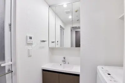 a white bathroom with a sink and a mirror at \u30a2\u30fc\u30d0\u30cd\u30c3\u30af\u30b9\u9326\u7cf8\u516c\u5712ll in Tokyo