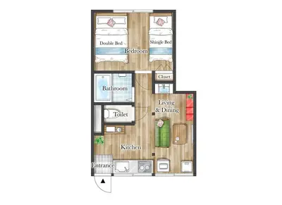 a floor plan of a house at 長期ステイ歓迎 ポップ ディズニー風 TDR スカイツリー好アクセス 定員3名 東京駅10分 駐車場予約 送迎有 HOTEL DREAM MUSIC Tōyōchō japanese-pop in Tokyo