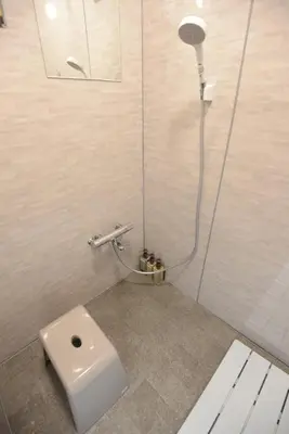 a bathroom with a shower with a toilet and a sink at SleepTokyo in Tokyo