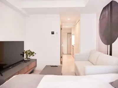 a living room with a couch and a tv at Triphome Sugamo Minami-Otsuka Studio in Tokyo