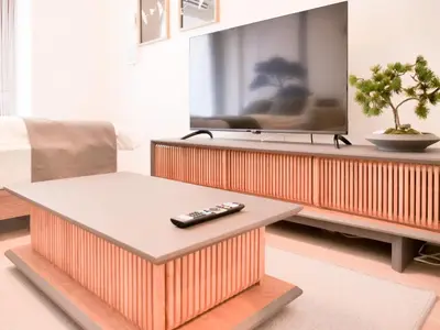 a living room with a tv and a remote control at Triphome Sugamo Minami-Otsuka Studio in Tokyo