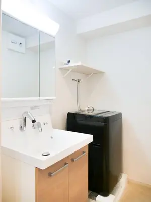 a bathroom with a sink and a black refrigerator at Triphome Otsuka Sugamo in Tokyo