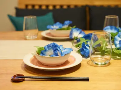 a table with two bowls of blue flowers on it at Yadoya Asakusa Asagao in Tokyo