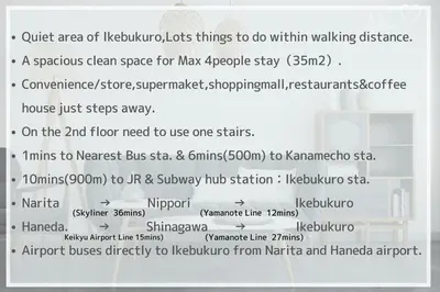 a screenshot of a page of a webpage with a text box at M205 8 mins from Ikebukuro sta 9 min to Shinjuku by Train in Tokyo