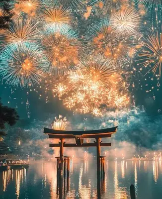 a fireworks display with a wooden object in the water at Maple & Ginkgo ViewsAutumn Stay Near Ikebukuro N303 in Tokyo