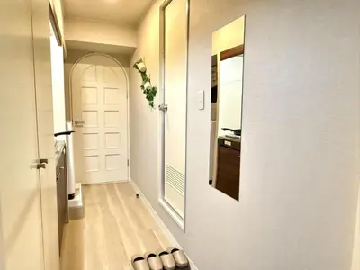a hallway with a white door and a mirror at \u6c60\u888b IVY House B C 2 in Tokyo