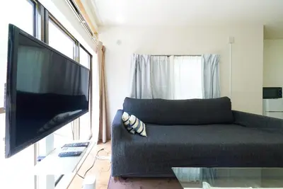 a living room with a couch and a flat screen tv at Kita-Shinjuku INN House in Tokyo