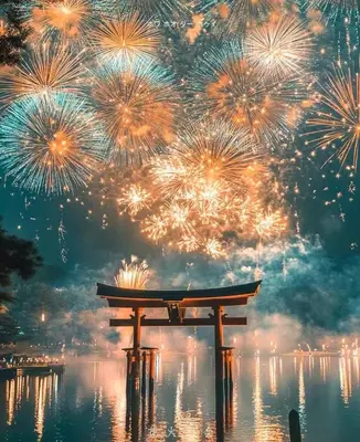 a fireworks display with a wooden object in the water at M106 Easy access to Ikebukuro Red Leaves in Tokyo