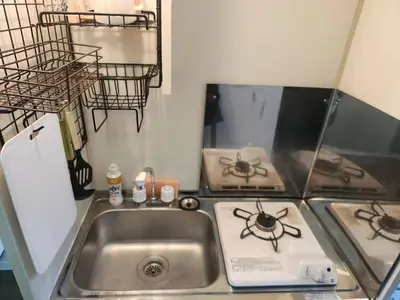 a kitchen with a sink with two spiders on it at Yoshiya in Tokyo