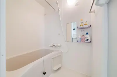 a white bathroom with a sink and a mirror at Intervia Horikiri in Tokyo