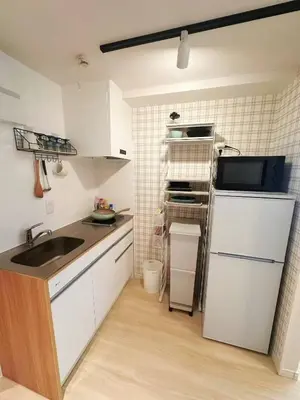 a small kitchen with a sink and a microwave at Louis House\u5927\u585a\u897f \u6c60\u888b2\u5206 in Tokyo