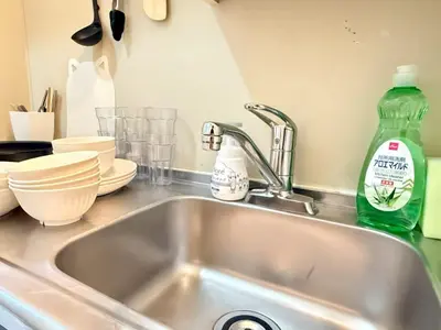a kitchen sink with a bottle of detergent next to it at Ikebukuro IVY House Ao6 in Tokyo
