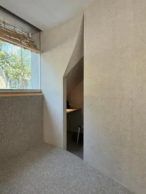 an empty room with a window and a shelf at New Open 