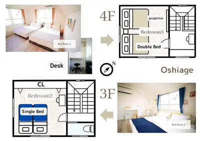 a collage of four pictures of a room at Tomo House Oshiage - from 2 minutes station \u62bc\u4e0a \u99c5\u304b\u3089\u5f92\u6b692\u5206 in Tokyo