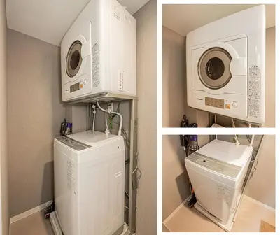 two pictures of a laundry room with a washer and dryer at Ikebukuro Stay,Higashiikebukuro walk 4 min equipped with an elevator in Tokyo