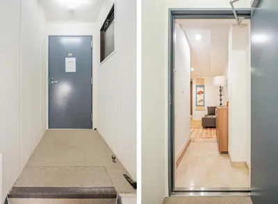 two images of a hallway with a door and a room at Nihonbashi Stay\u65e5\u672c\u6a4b\u99c5\u5f92\u6b695\u5206\u96fb\u8eca\u3067\u79cb\u8449\u539f\u99c55\u5206\u9280\u5ea7\u99c57\u5206\u6771\u4eac\u99c514\u5206\u6e0b\u8c3725\u5206 in Tokyo