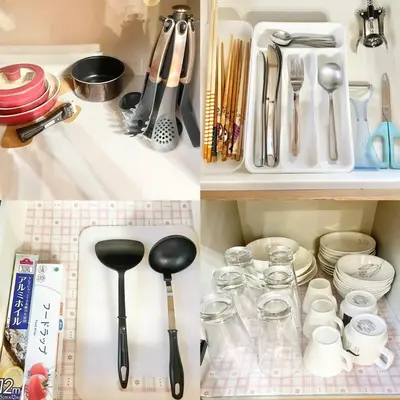 a kitchen counter with utensils and utensils at Shinkoiwa Matsushima HOUSE in Tokyo