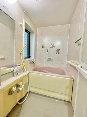 a bathroom with a pink tub and a mirror at Shinkoiwa Matsushima HOUSE in Tokyo