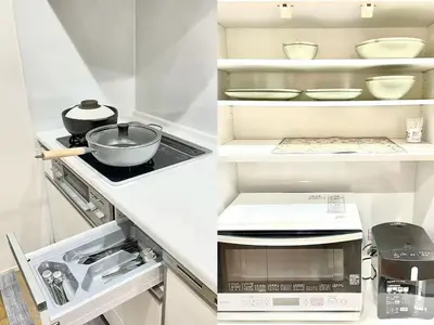 a kitchen with a stove and a microwave at Detached Villa 4LDK Free Parking, 4 min walk to Sengawa Station, Toshima Ward in Tokyo