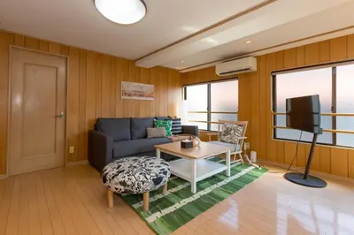 a living room with a couch and a table and a tv at Mi-APT Nakaitabashi Near Ikebukuro in Tokyo