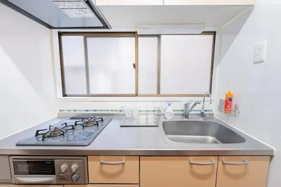 a kitchen with a sink and a stove at Guest Residence Kanamecho in Tokyo