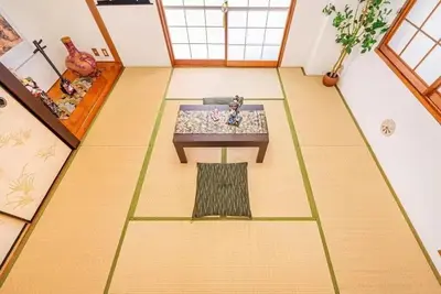 an overhead view of a living room with a coffee table at My Sumida Home B in Tokyo