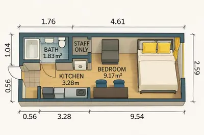 a floor plan of a small boat with dimensions at UPHouse 2C Gotokuji in Tokyo