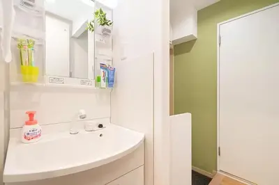 a bathroom with a white sink and a mirror at My Sumida Home 2A in Tokyo