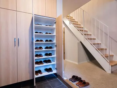 a room with a stair case with shoes in it at I GO Hotel in Tokyo