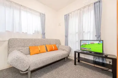 a living room with a couch and a flat screen tv at Akihabara Skytree Premium Apartment 401 in Tokyo