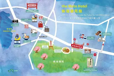 a map of the moto hotel with its attractions at the Moto Hotel Shinjuku in Tokyo