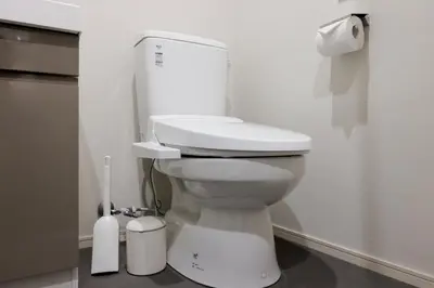 a white toilet in a bathroom with a roll of toilet paper at The Parkcross\u83ca\u5ddd in Tokyo