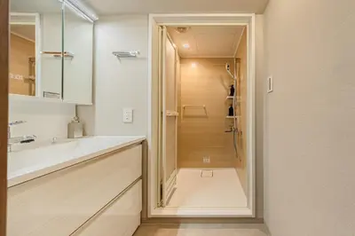 a bathroom with a shower and a sink and a mirror at 365Ueno in Tokyo