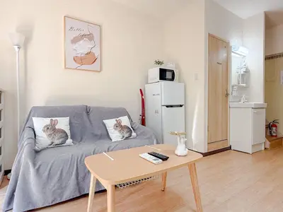 a living room with a couch with two cats pillows at Itabashi City, Nakadai 2LDK-IT0395 in Tokyo