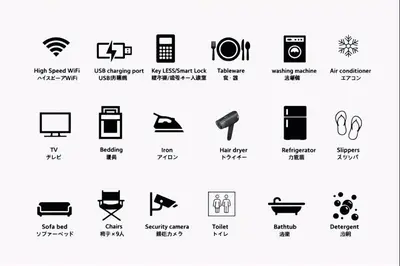 a set of black and white icons of different symbols at THE\u6771\u4eac\u65c5\u9928 \u4eac\u6210\u7279\u6025\u99c53\u5206 \u6771\u4eac\u30b9\u30ab\u30a4\u30c4\u30ea\u30fc\u8fd1\u304f \u9280\u5ea7\u4e0a\u91ce\u6d45\u8349\u76f4\u901a \u7a7a\u6e2f\u90fd\u5fc3\u4ea4\u901a\u4fbf\u5229 \u8cb8\u5207WiFi \u4f73\u5bb6\u30b9\u30da\u30fc\u30b9\u9ad8\u7802 in Tokyo