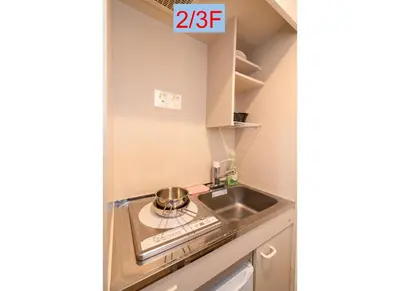 a small kitchen with a stove and a sink at Riverview APT, Asakusa-Skytree area, 4 min to Metro in Tokyo