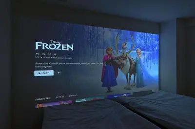 a large screen with a movie projected on a wall at V Close to Shinjuku Kabukicho Korean Town FrWIFI B in Tokyo