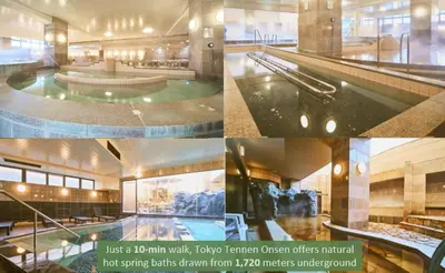 a collage of pictures of a building with a swimming pool at Sakura Stays Tokyo - Stay Together with Privacy - Ideal Group Accommodation in Tokyo