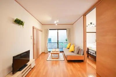 a living room with a couch and a television at Roseheim 2 kamiochiai in Tokyo