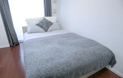 a bed with a gray blanket and pillows in a room at \u5927\u4e45\u4fdd\u99c5\u5f92\u6b693\u5206 \u591a\u56fd\u7c4d\u30b0\u30eb\u30e1\u5929\u56fd \u65b0\u5bbf\u30b7\u30e7\u30c3\u30d4\u30f3\u30b0\u62e0\u70b9 Bo14 in Tokyo